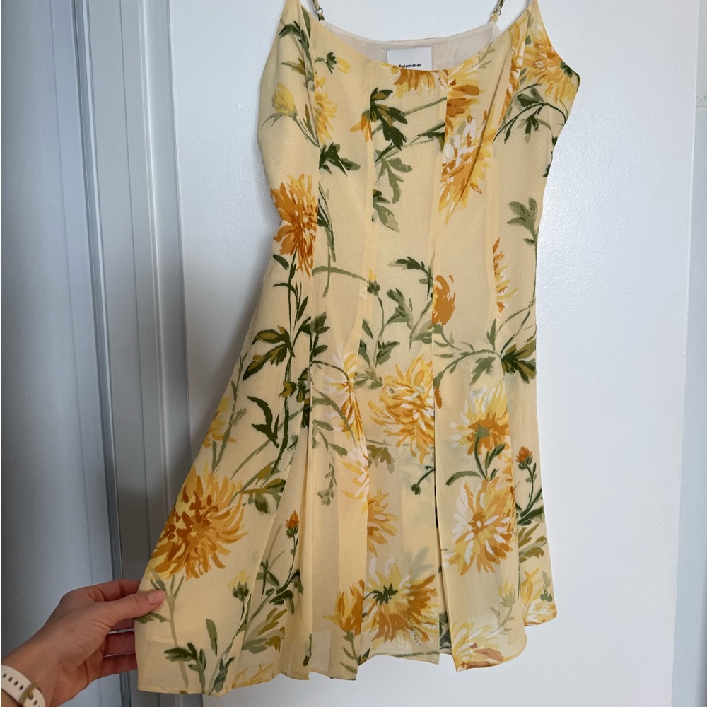 Reformation Yellow floral Pleated Dress